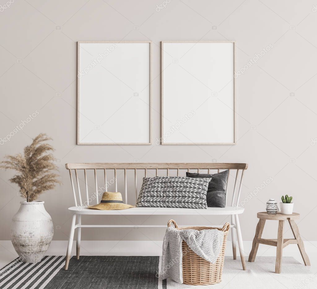 Mock up frame poster in Scandinavian living room with white wooden seat, wooden table and pampas grass in white vase. Two wood frames on beige wall background, 3D render
