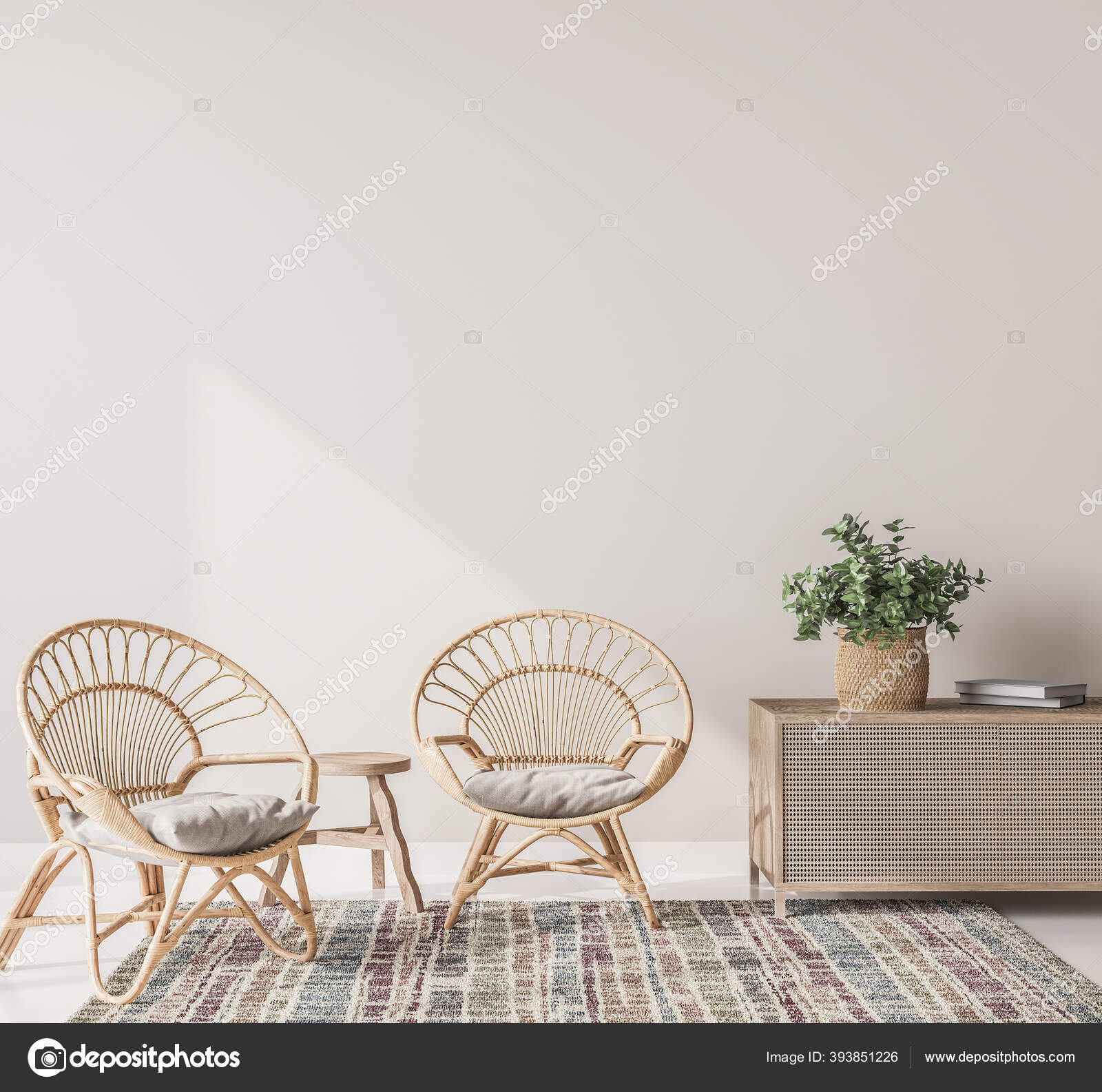 Interior House Simple White Background Mock Wooden Rattan Armchairs Console  Stock Photo by ©lilasGH 393851226