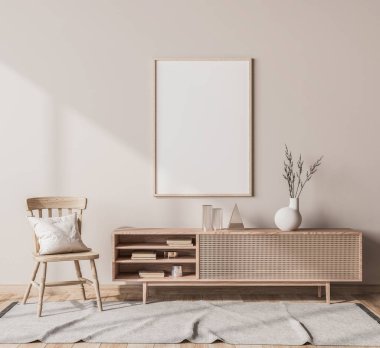İskandinav iç tasarımı oturma odasının rattan konsolu, ahşap sandalye, poster çerçevesi, vazodaki pampalar ve moda ev aksesuarları. En küçük ev dekorasyonu.