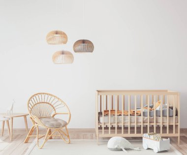 İskandinav bebek odasının içi rahat beşiği ve bebek odası dekoru içinde rattan koltuğu, 3 boyutlu.