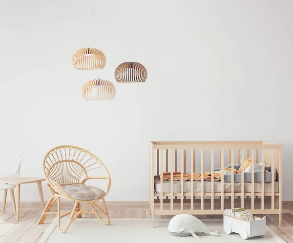 Interieur Van Scandinavische Babykamer Met Comfortabele Wieg Rotan Fauteuil Kinderkamer — Stockfoto