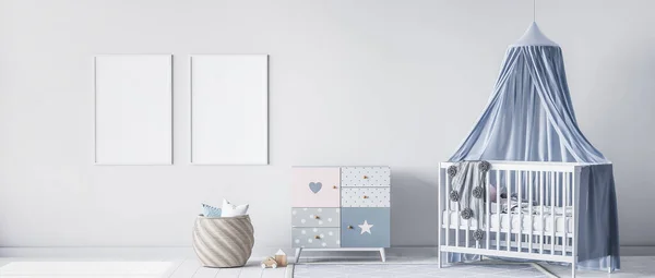 用白色婴儿床和藤篮装饰明亮的育儿室框架 全景3D渲染 — 图库照片