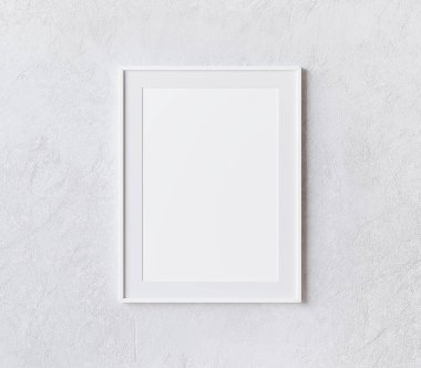 Beyaz bir duvara asılı beyaz dikey çerçeve, poster çerçeve modeli, 3D illüstrasyon