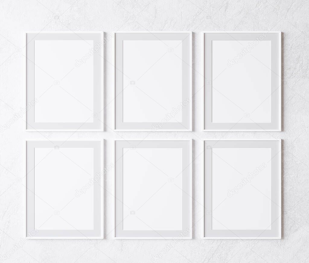 mock up gallery wall, six vertical white frame on white wall, 3d illustration