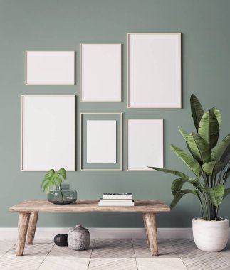 Modern iç planda poster çerçevesi, yeşil oturma odasında galeri duvarı, İskandinav Boho tarzı