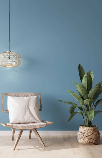 Simular Pared Azul Sala Estar Muebles Madera Natural Decoración Del — Foto de Stock