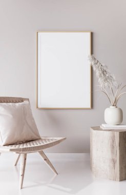 Oturma odasının iç planında model çerçeve, Coastal Boho tarzı, 3D oluşturma