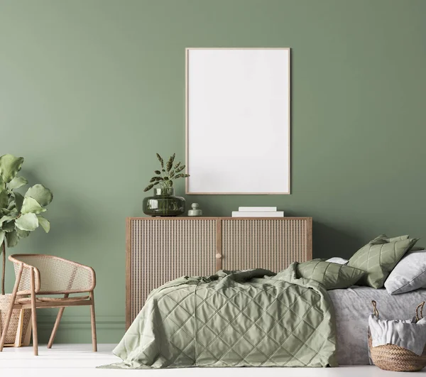 Poster Frame Mockup Farmhouse Bedroom Green Room Interior Design Natural — Stock Photo, Image