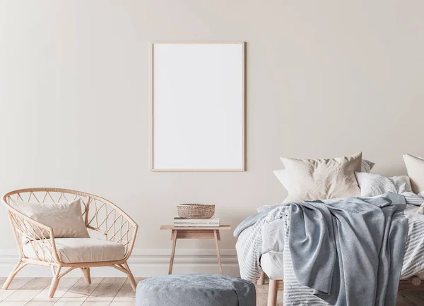 Frame Mockup Skandinavia Desain Kamar Tidur Tempat Tidur Kayu Kotak — Stok Foto