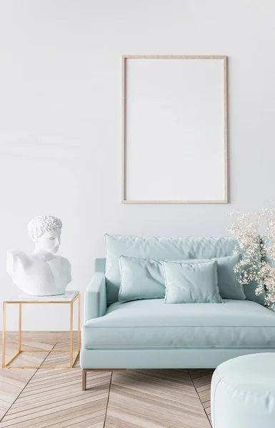 当代客厅的海报框造型 白色和浅绿色别致时髦公寓 3D渲染 — 图库照片