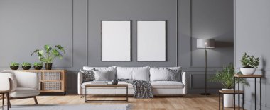 Oturma odasının iç kısmında çerçeve modeli, beyaz kanepe, koltuk, bir sürü taze bitki ve ahşap sehpa, boş koyu gri duvar, panorama, 3D çizim.