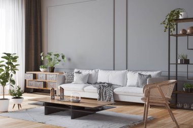 Açık uzay oturma odası modelleme, beyaz kanepe, rattan sandalye, bir sürü taze bitki ve ahşap sehpa, boş koyu gri duvar, panorama, 3D çizim