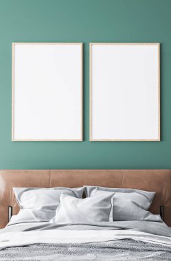 Minimum çiftlik evi tasarımı, iç çerçeve modeli yeşil duvarlı kahverengi deri yatak, 3D rende