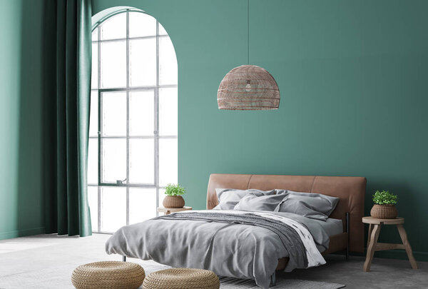 Дизайн спальни, макет внутренней стены с коричневой кожаной кроватью на зеленом фоне стены, 3D рендеринг