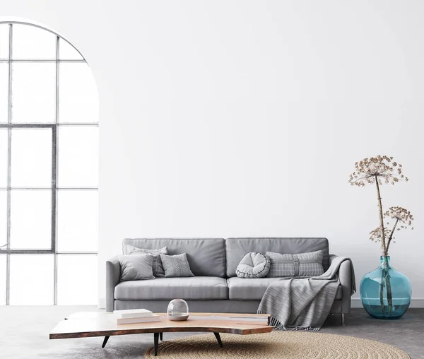 シンプルな白を基調とした室内リビングルームデザイン クッション付きのモダンなグレーのソファと再生されます 北欧の明るい宇宙の概念 3Dレンダリング — ストック写真