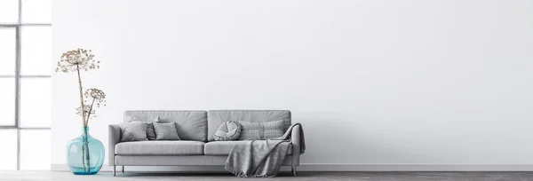 Мінімальний Дизайн Житлової Кімнати Сучасний Сірий Диван Подушкою Пустому Білому — стокове фото