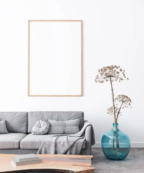 Rahmen Attrappe Wohnzimmerdesign Vertikales Plakat Auf Weißem Hintergrund Modernes Graues — Stockfoto