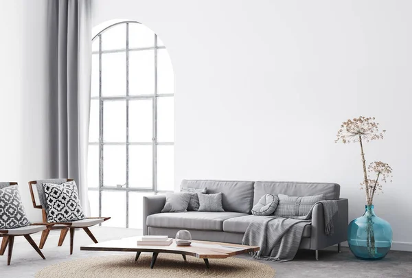 Wohnzimmerdesign Mit Schlichtem Weißem Hintergrund Modernes Graues Sofa Mit Kissen — Stockfoto