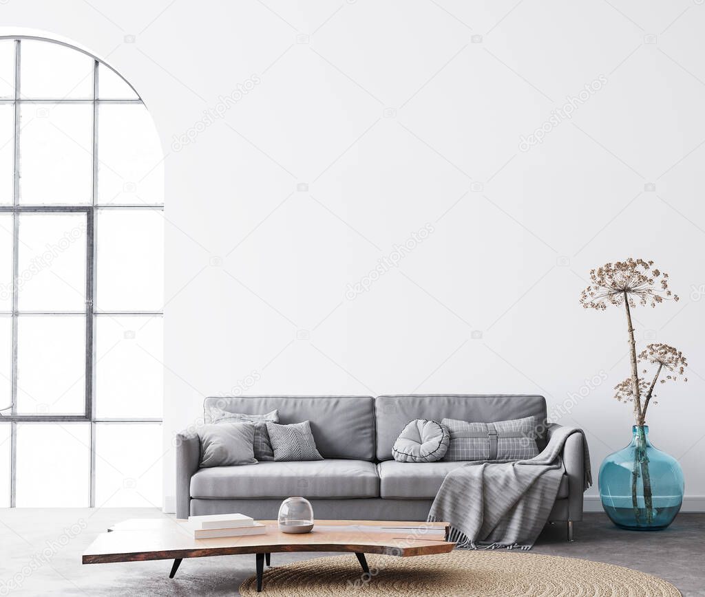 interior living room design with simple white background mock up. Modern grey sofa with cushions and plaid on. Scandinavian bright space concept. 3d render