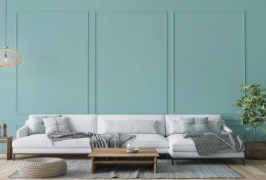 Parlak oturma odası tasarımı, beyaz kanepe ve ahşap ahşap mobilyalar klasik mavi duvarda, 3D