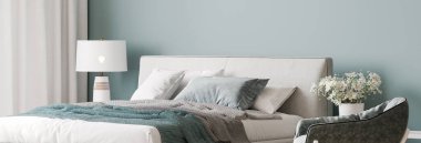 Lüks, parlak yatak odası tasarımı, modern beyaz yatak ve pastel mavi duvar arka planında zarif ev aksesuarları, panorama, 3D canlandırma.