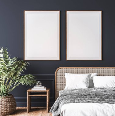 Karanlık yatak odasının iç kısımlarında model çerçeve, boş karanlık duvar arka planında ahşap rattan yatak, İskandinav tarzı, 3 boyutlu.