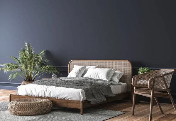 Mockup Interior Kamar Tidur Gelap Tempat Tidur Rotan Kayu Pada — Stok Foto