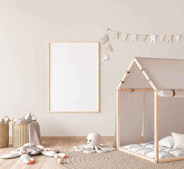 用米色背景的天然木制家具装饰儿童房的海报框架 3D渲染 — 图库照片