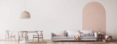 Beyaz arka planda basit bir modeli olan iç mekan. Beyaz kanepe ve doğal ahşap mobilyalar. modern uzay panoraması, 3D görüntüleme