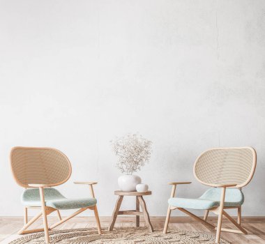 İskandinav oturma odasının maketi, boş beyaz arka planda ahşap sandalye, minimum tasarım, 3D