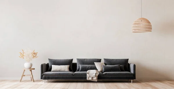 Wandattrappe Skandinavischen Wohnzimmerdesign Wohnkultur Mit Dunklem Sofa Und Natürlichen Holzmöbeln — Stockfoto