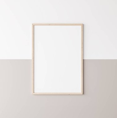 Model poster çerçevesi, bej ve beyaz duvarda dikey ahşap çerçeve, 3D