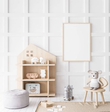 Çocuk odasında poster çerçevesi, ahşap çiftlik evi tarzı, 3D çizim.