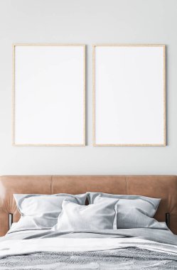 Minimum çiftlik evi tasarımı, iç çerçeve modeli, beyaz duvar zemininde kahverengi deri yatak, 3D çizim.