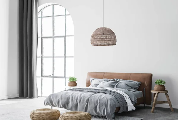 Minimal farmhouse bedroom design, interior wall mockup with brown leather bed on white wall background, 3d render