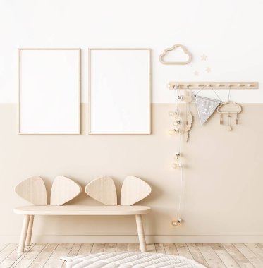 Çocuk odasında doğal ahşap mobilyalar, beyaz ve bej duvarda iki dikey çerçeve, üç boyutlu görüntüleme.