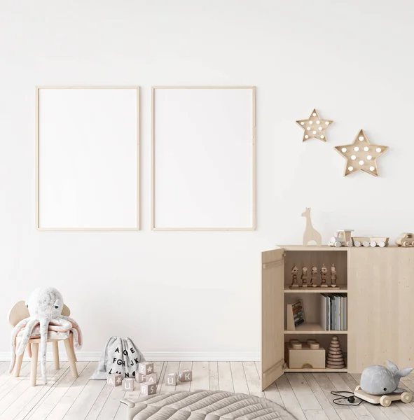 Mockup Frame Minimale Unisex Kinderslaapkamer Met Natuurlijk Houten Meubilair Render — Stockfoto