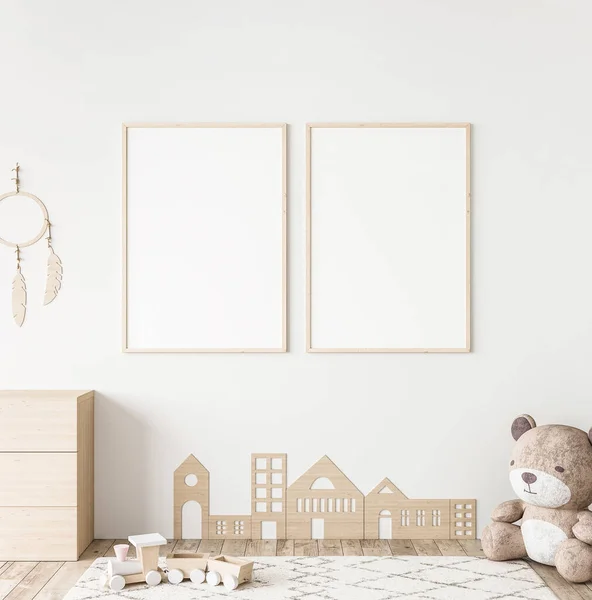 Mockup Frame Minimale Unisex Kinderslaapkamer Met Natuurlijk Houten Meubilair Render — Stockfoto