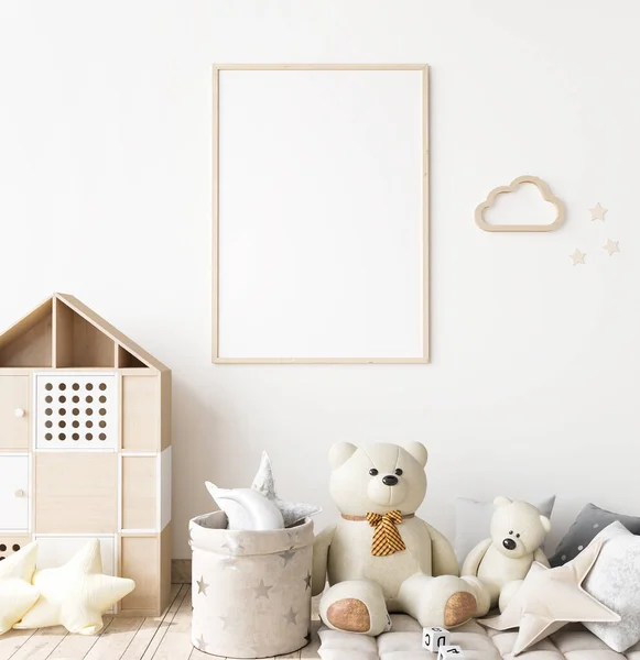 Poster frame mock up in child bedroom, Scandinavian unisex nursery design, 3d render