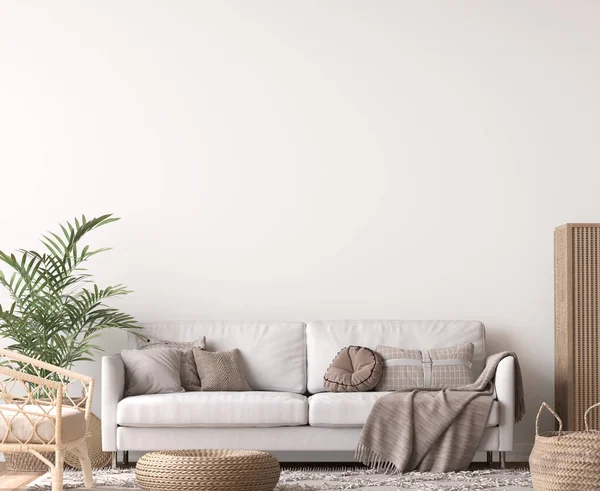 Wandattrappe Wohnzimmerdesign Weißes Sofa Skandinavischen Interieur — Stockfoto