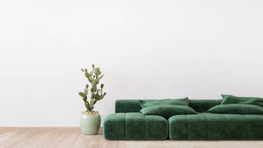 Minimum oturma odası tasarımı, boş modern arka planda yeşil kanepe, panorama
