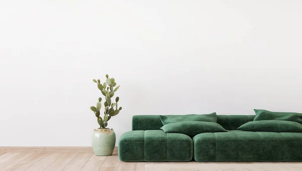 Minimalny Wystrój Salonu Zielona Sofa Pustym Nowoczesnym Tle Panorama — Zdjęcie stockowe