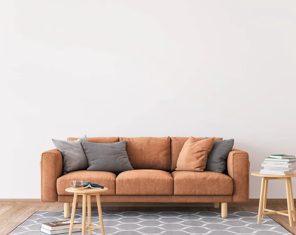 Minimalny Wystrój Salonu Pomarańczowa Sofa Pustym Nowoczesnym Tle — Zdjęcie stockowe