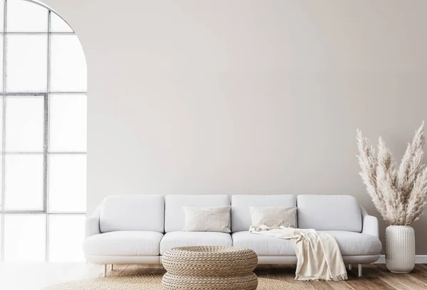 Scandinavian Living Room Design Rattan Table Pampas White Sofa Beige — Stock Photo, Image