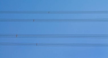 Parlak mavi gökyüzüne karşı yüksek voltajlı elektrik hatlarının dokusu.