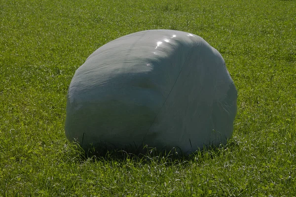 Hay Bale Wrapped Foil Lush Meadow — Stock Photo, Image