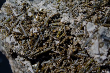 Matrix 'te yeşil turmalin. Ön planda iki parlak yeşil turmalin çubuğu görebilirsiniz..