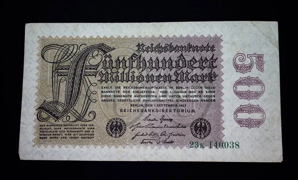 Dinero Inflación Reich Alemán Aquí Hay Reichsbanknote Quinientos Millones Marcos —  Fotos de Stock