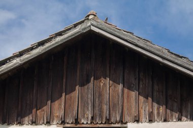Ağaç kaplı ev geçidi. Çatı, doğanın güçleriyle işaretlenmiştir. Yaşını görebiliyorsun..