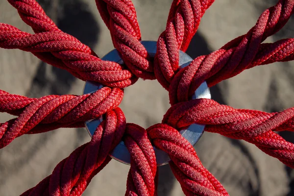 Texture Close Seat Made Ropes Red Braided Ropes Held Middle — Stock Photo, Image